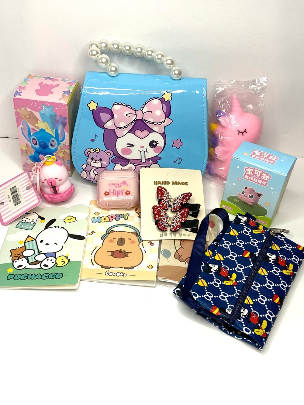 Blue Kids Cartoon Handbag with Pearl Handle and Accessories - Cute Animal Print